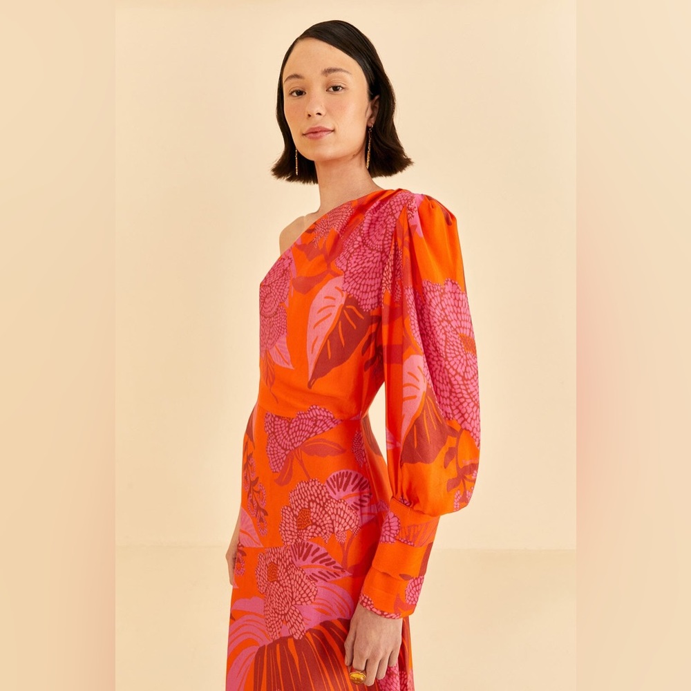 Farm Rio Red Dewdrop Floral One Shoulder Midi Dress NWT